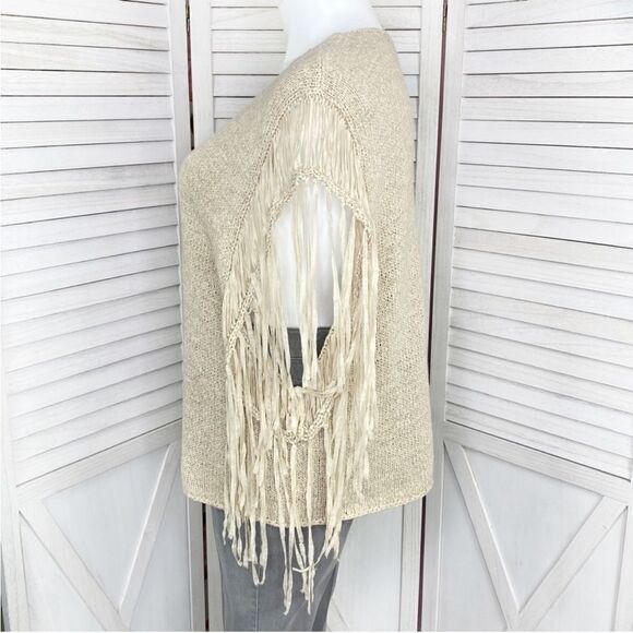 Chico’s Boho Western Tarrin Tape Yarn Fringe Poncho Sweater Taupe Tan Large XL - Picture 2 of 11